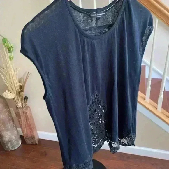 Generation Love 100% Linen Cap Sleeve Black Lace Blouse Size S - Picture 1 of 9